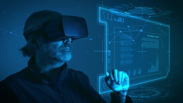 Engineer wearing VR smart glasses uses a virtual touch screen interface. Concept of futuristic engineering in prototype development.