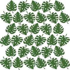 Regularly repeating tropical green leaves pattern. Vector illustration. Background with green leaf ornaments. Silhouette tropical leaves. Fashion, interior, wrapping, print, packaging suitable