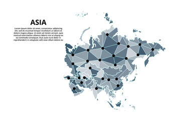 Asia communication network map. Vector image of a low poly global map with city lights. Map in the form of triangles and dots