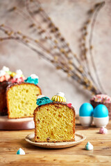 Happy Easter, traditional Easter cake, colored eggs. Sweet table for the holiday.