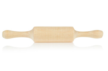 Wooden rolling pin isolated on a white background, close-up. Kitchen utensils for baking
