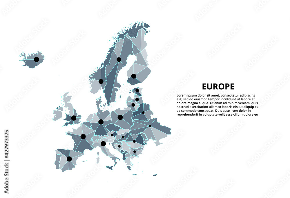 Poster europe communication network map. vector image of a low poly global map with city lights. map in the