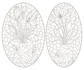 A set of contour illustrations in a stained glass style with floral still lifes and fruits, dark outlines on a white background, oval images