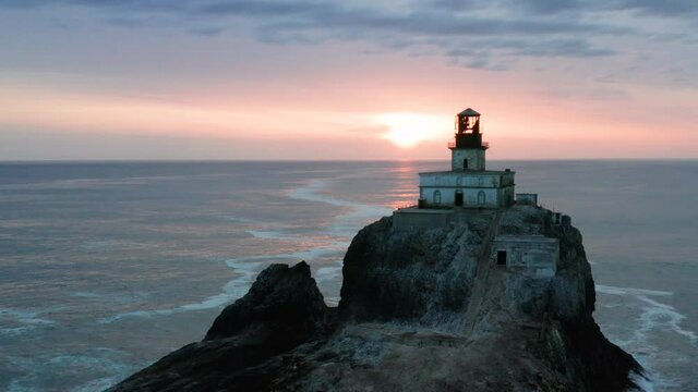 Close-In Aerial Orbit in 4K of Tillamook Rock Lighthouse on the Oregon Coast Terrible Tilly Pacific Northwest