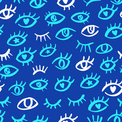 Fototapeta premium Eye blue seamless pattern with abstract doodle look. Simple style print design with hand drawn evil eyes. Hipster graphic pattern for packaging, fabric design. Open and wink eyes vector illustartion.