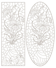 Set of contour illustrations in the style of stained glass with floral still lifes, dark outlines on a white background