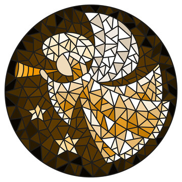 Illustration in stained glass style with an abstract angel in a robe blowing pipe , round picture, monochrome,tone brown
