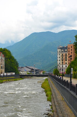 Fototapeta premium Mountain and river view in Krasnaya Polyana, Sochi, Russia