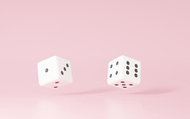 3d rendering Two white dice minimal style floating on pink pastel background. Composition template Advertising concept