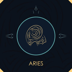 Aries horoscope sign in twelve zodiac with abstract stars background, line art graphic