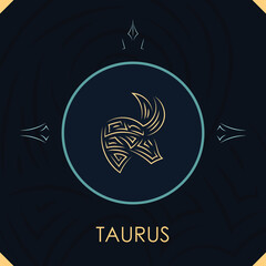 Taurus horoscope sign in twelve zodiac with abstract stars background, line art graphic