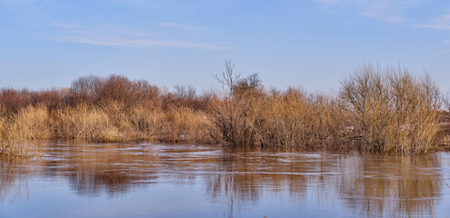 Spring flood on the Siberian river Vagai, Russia.