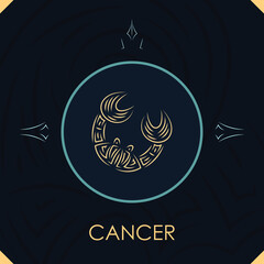 Cancer horoscope sign in twelve zodiac with abstract stars background, line art graphic