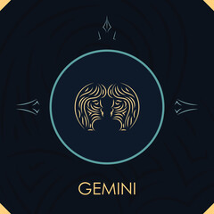 Gemini horoscope sign in twelve zodiac with abstract stars background, line art graphic