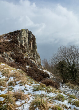 Winter landscape image of Cawfield Quarry and Crag on Hadrian's Wall. Roman Wall, in Northumberland, Engalnd, UK.