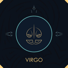 Virgo horoscope sign in twelve zodiac with abstract stars background, line art graphic
