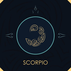 Scorpio horoscope sign in twelve zodiac with abstract stars background, line art graphic