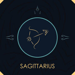 Sigittarius horoscope sign in twelve zodiac with abstract stars background, line art graphic
