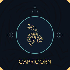 Capricorn horoscope sign in twelve zodiac with abstract stars background, line art graphic