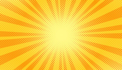 Obraz premium Pop art background. Comic halftone pattern. Yellow cartoon banner with dots and rays. Vintage duotone texture. Superhero starburst banner. Gradient wow design. Vector illustration.