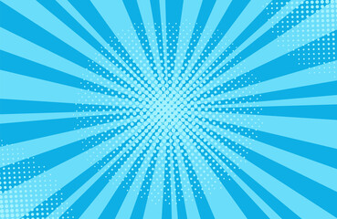 Pop art halftone background. Comic starburst pattern. Blue cartoon banner with dots and beams. Vintage duotone texture. Gradient wow design. Superhero starburst banner. Vector illustration.