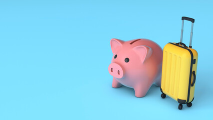 Pink piggy bank and yellow suitcase on a blue background. Vacation money saving concept. Budget tourism. Copy space for text. 3d render