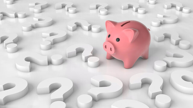 Pink piggy bank and question marks. The concept of where to invest money, investments. 3d render