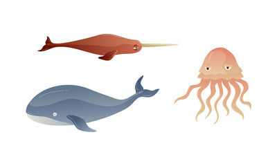 Ocean Underwater Animals with Floating Swordfish and Jellyfish Vector Set