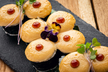  sushi with sesame seeds, close-up. Japan food