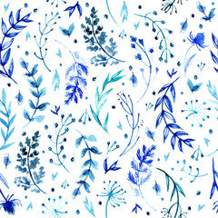 Pattern of flowers and grasses painted with watercolors on white background. Green leaves and flowers on a white background.