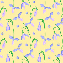 Crocus Seamless pattern, yellow background. Cute Isolated Spring flowers on background for your design. Floral nature. Perfect for fabrics print, background, wallpaper. Vector element. EPS 8.