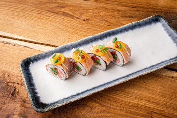 sushi with sesame seeds, close-up. Japan food
