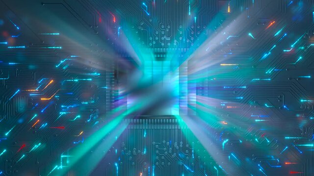 Visualization of Circuit Board and CPU communication. 
Artificial intelligence chipset concept
