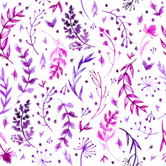 Pattern of flowers and grasses painted with watercolors on white background. Green leaves and flowers on a white background.