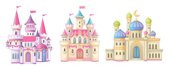 Beautiful fairy-tale castle for princess. Magic kingdom. Vintage Eastern Palace. Wonderland. Isolated cartoon illustration on a white background for stickers. Set of houses. Children's theme. Vector. 