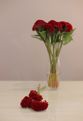 Beautiful flower bouquet of pink rose. Big bouquet of roses in vase on table.