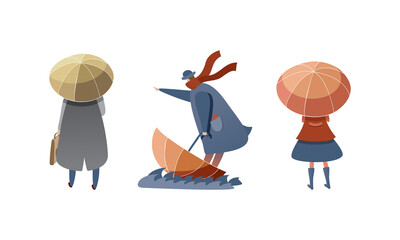 People Characters Struggling to Hold Umbrella in Windy and Stormy Weather Vector Illustration Set