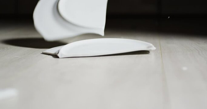 Dish falling and breaking into many pieces on the floor, slow motion close up