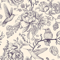 Sketch pattern with birds and flowers. Monochrome flower design for web, wrapping paper, phone cover, textile, fabric, postcard - 427980579