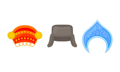 Various National Headdress with Kokoshnik and Fur Hat with Earflaps Vector Set