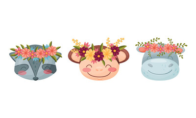 Cute Animal with Floral Wreaths on Their Head Vector Set