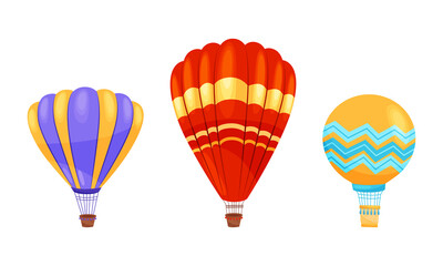 Hot Air Balloon as Light Aircraft with Envelope Containing Heated Air and Gondola or Basket Vector Set