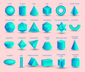Vector realistic 3D blue geometric shapes isolated on pink background. Maths geometrical figure form, realistic shapes model. Platon solid. Geometric shapes icons for education, business, design. - obrazy, fototapety, plakaty