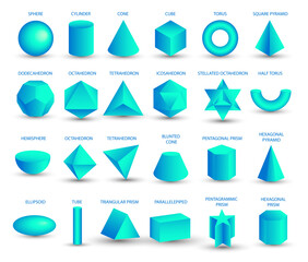 Fototapeta Vector realistic 3D blue geometric shapes isolated on white background. Maths geometrical figure form, realistic shapes model. Platon solid. Geometric shapes icons for education, business, design. obraz