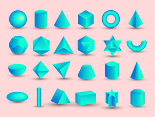 Vector realistic 3D blue geometric shapes isolated on pink background. Maths geometrical figure form, realistic shapes model. Platon solid. Geometric shapes icons for education, business, design. - obrazy, fototapety, plakaty