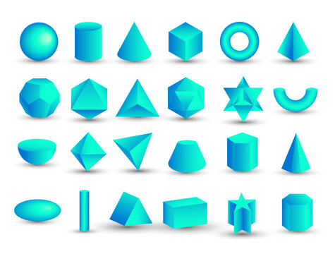Vector realistic 3D blue geometric shapes isolated on white background. Maths geometrical figure form, realistic shapes model. Platon solid. Geometric shapes icons for education, business, design.