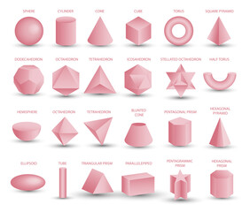 Vector realistic 3D pink geometric shapes isolated on white background. Maths geometrical figure form, realistic shapes model. Platon solid. Icons, logos for education, business, design, game. - obrazy, fototapety, plakaty