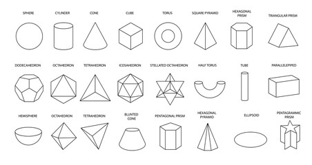 Set of vector linear black geometric shapes isolated on white background. Mathematics of a geometric figure, contour. Platonic solid. Icons, logo for education, business, design. Outline. - obrazy, fototapety, plakaty