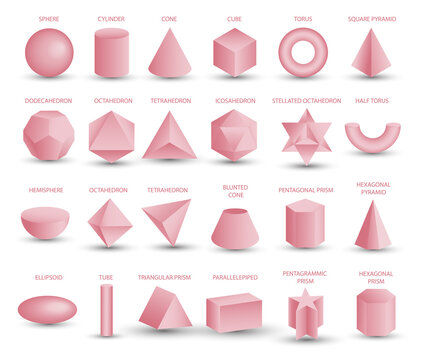 Vector realistic 3D pink geometric shapes isolated on white background. Maths geometrical figure form, realistic shapes model. Platon solid. Icons, logos for education, business, design, game.