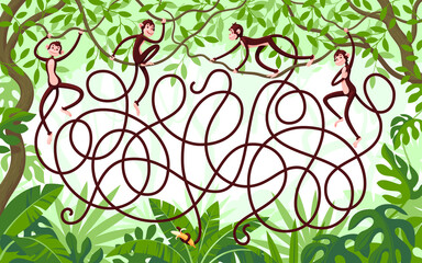Four monkeys with long tails hang from vines in the jungle. Guess which monkey grabbed a banana with its tail? Children's puzzle with a labyrinth.